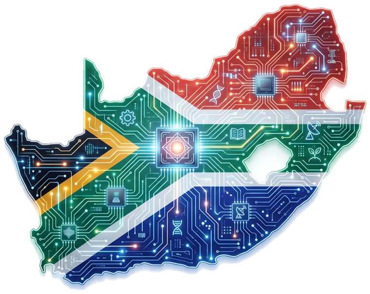 Map of South Africa rendered as a glowing circuit board in the national flag colours, representing AI automation for businesses across the country